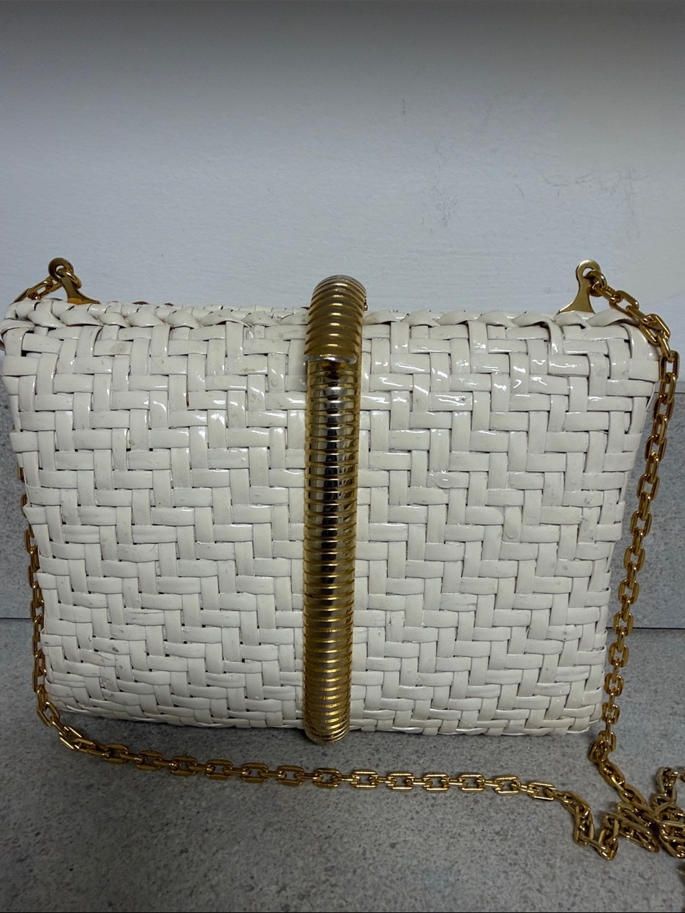 Rodo Cream Woven Clutch with Gold Hardware